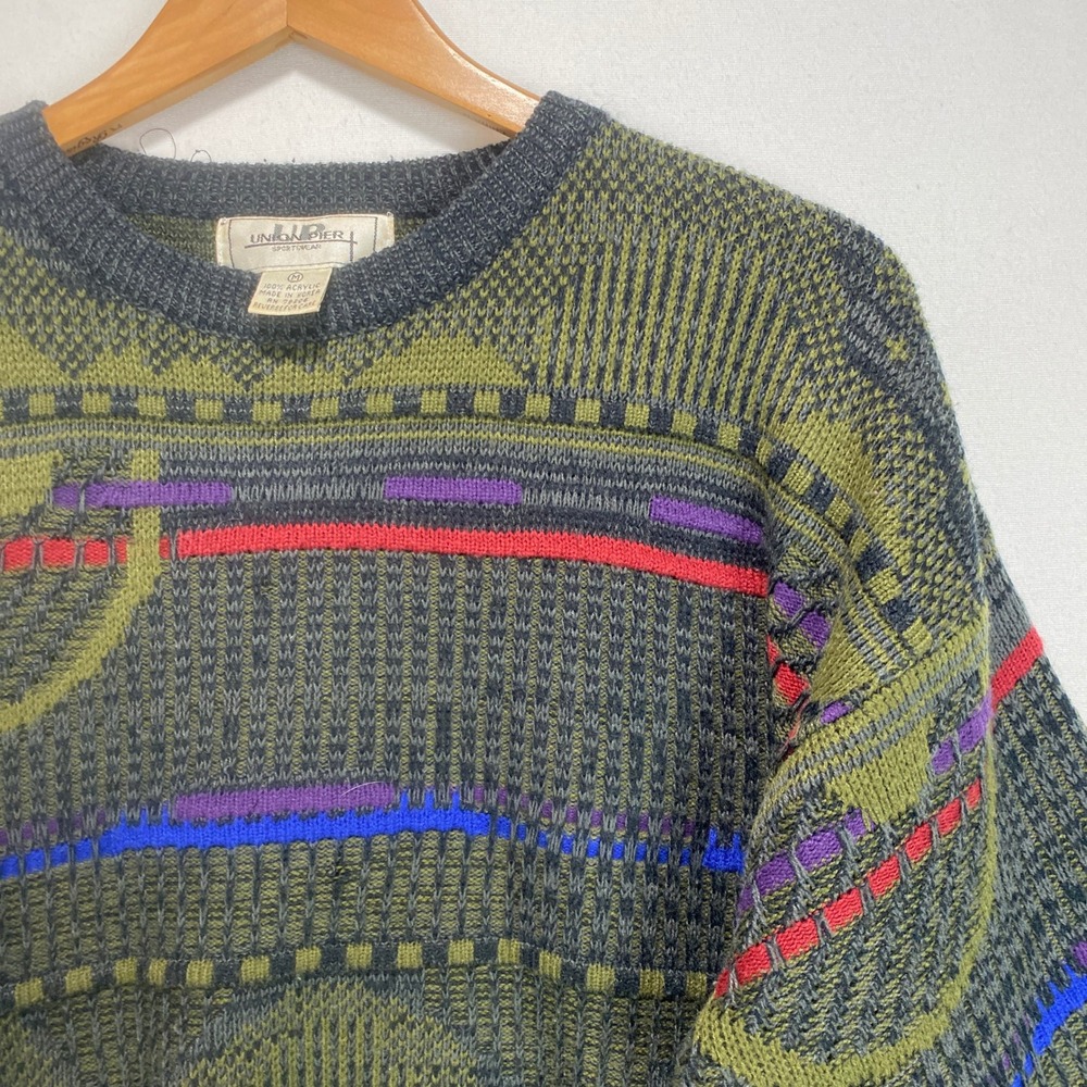 Union‎ Pier 3D Coogi Style Sweater Abstract Men's Knit  Green Purple Red  Size M